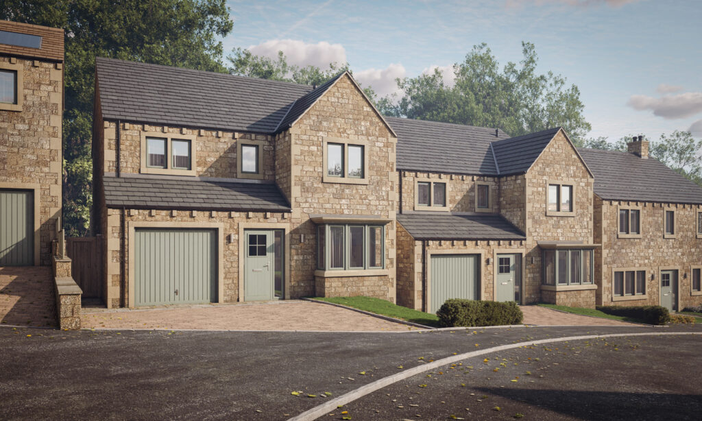 A computer rendering of new stone homes with green garage doors