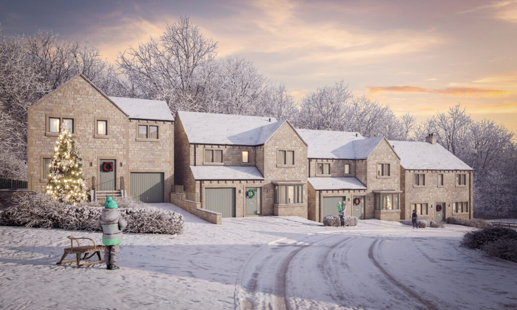 A computer rendering of new stone homes in the snow with a lit Christmas tree