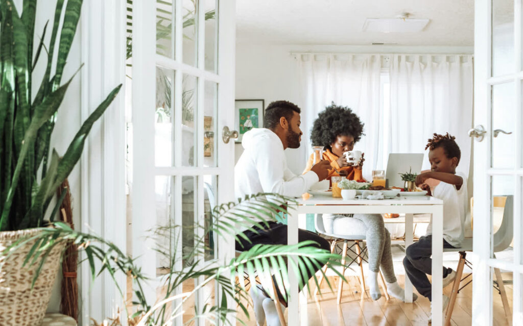 A family having breakfast together at a dining table