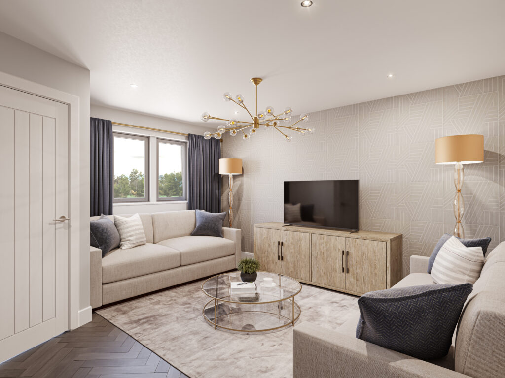 A computer rendering of a show home living room with a large sofa and television